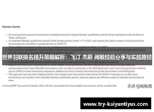 世界羽联排名提升策略解析：飞汀 杰蔚 阀敏经验分享与实践路径